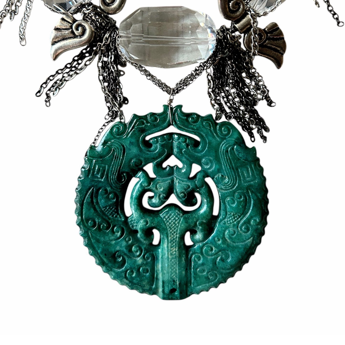 Cut crystal choker with dragon carved pendant and wings
