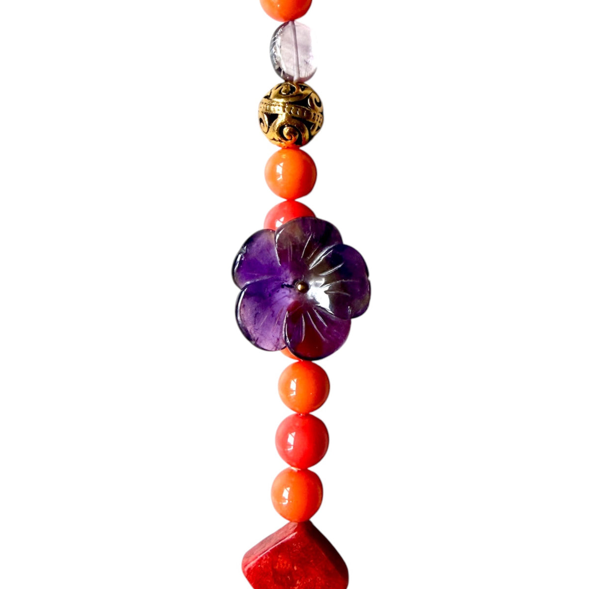 Shell coral necklace with jade carvings, a brass dragon clasp, semi-precious stones and freshwater pearls