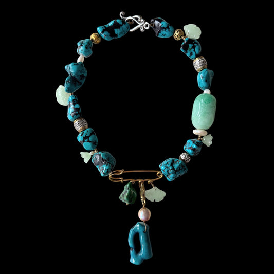 Turquoise, jade, freshwater pearls and bamboo coral necklace