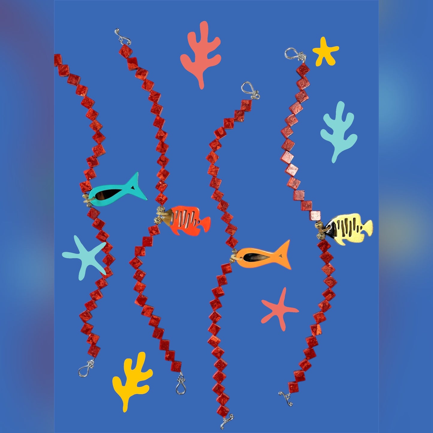 Sponge coral necklace with gold buffalo horn and lacquer tropical fish