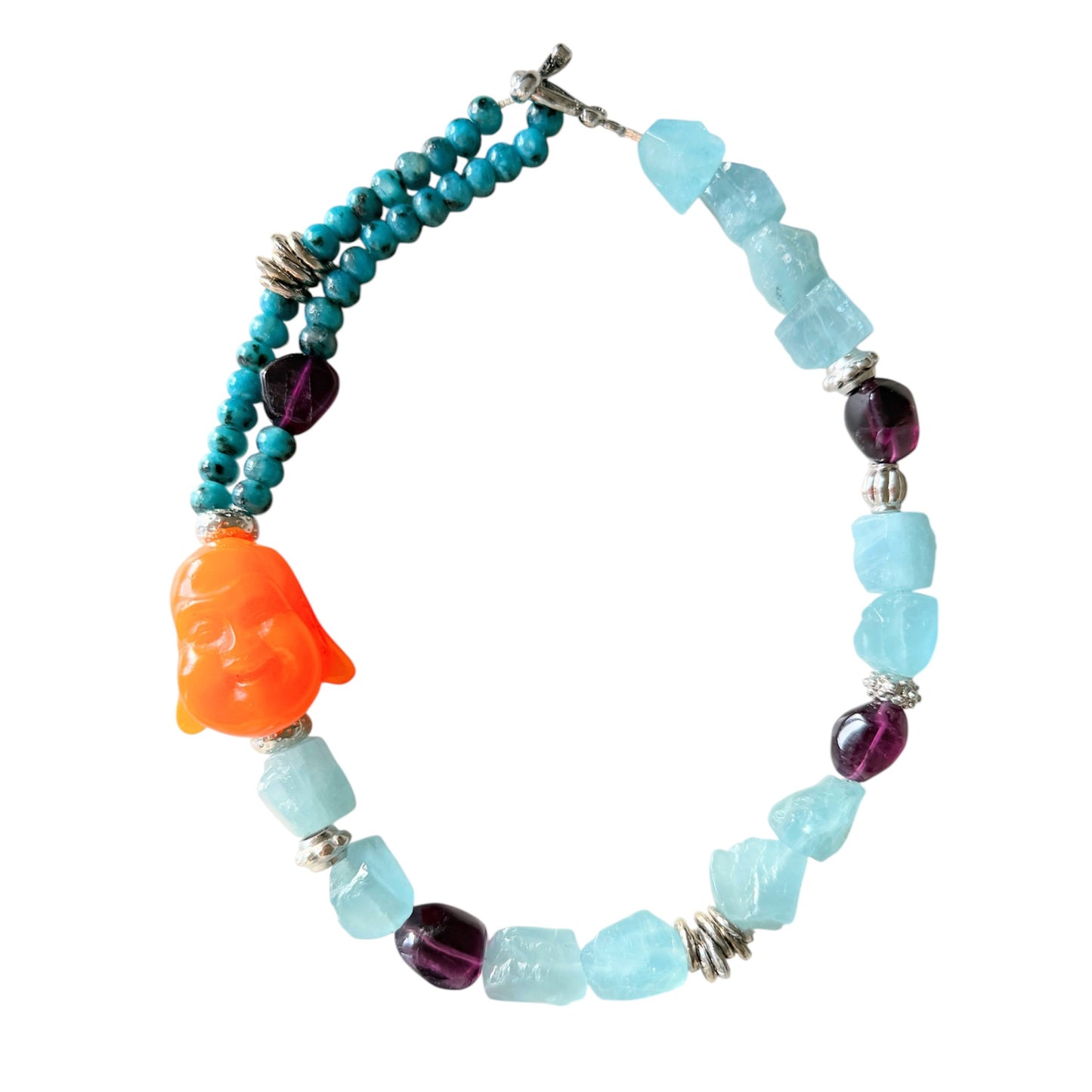 Aquamarine, amethyst and blue dalmatian jasper necklace with resin Buddha