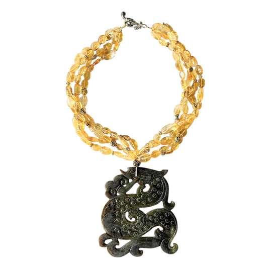 Citrine choker with a carved jade dragon pendant
