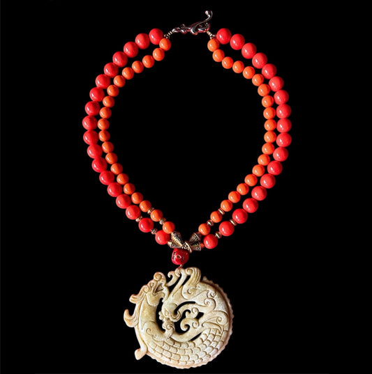 Two toned shell coral choker with old jade dragon and phoenix pendant